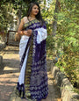 Navy Blue Bandhani Saree With Printed & Weaving Border