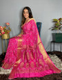 Pink Hand Bandhej Bandhani Saree With Weaving Work