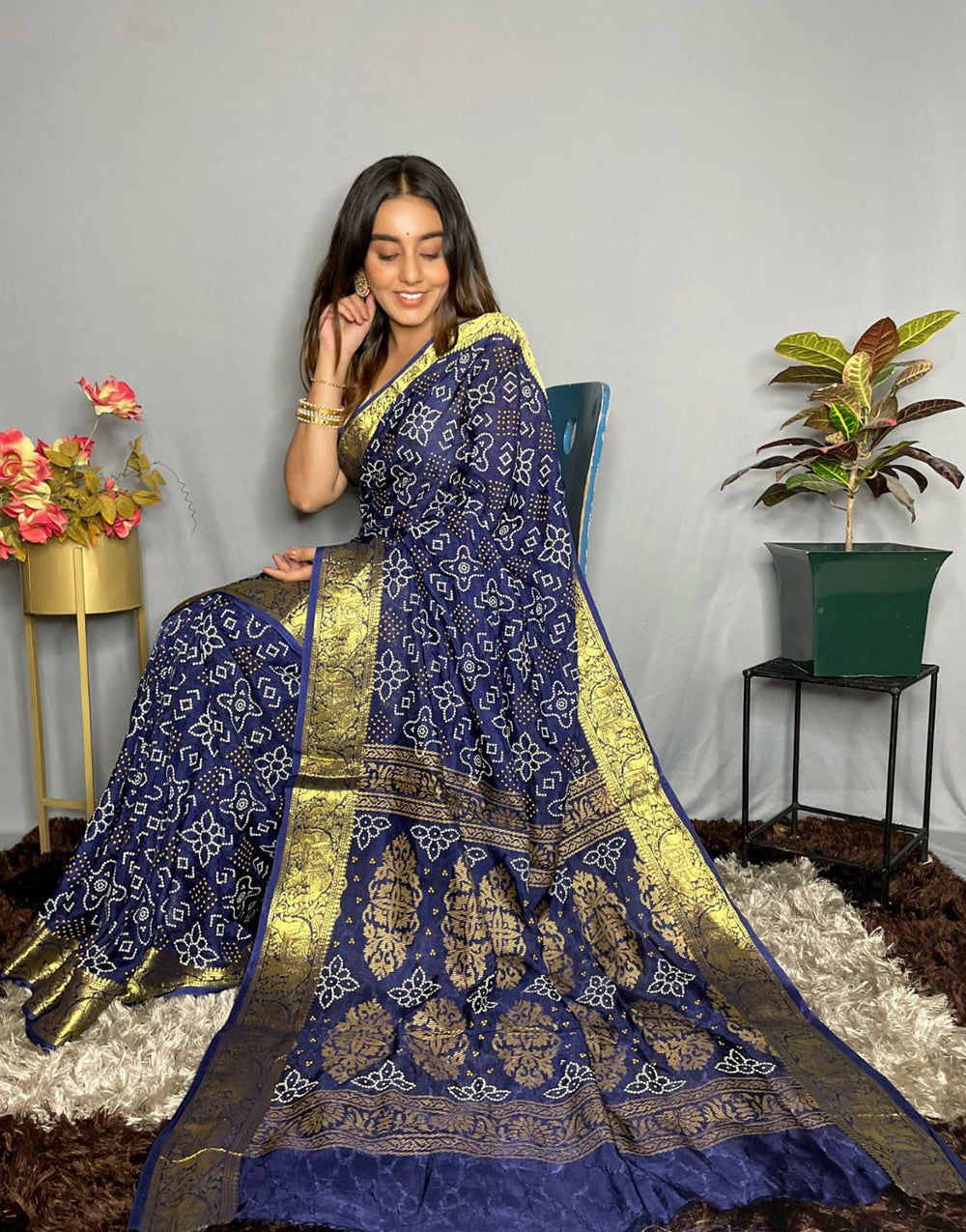 Royal Blue Hand Bandhej Bandhani Saree With Weaving Work