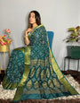 Teal Blue Hand Bandhej Bandhani Saree With Weaving Work