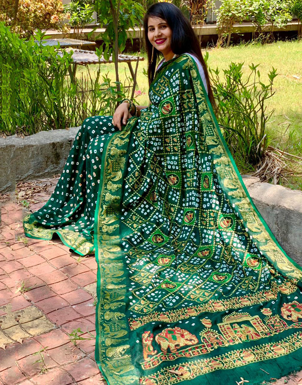 Dark Green Hand Bandhej Bandhani Saree With Weaving Border