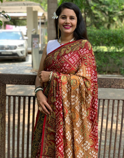 Maroon & Light Brown Hand Bandhej Bandhani Saree With Weaving Border