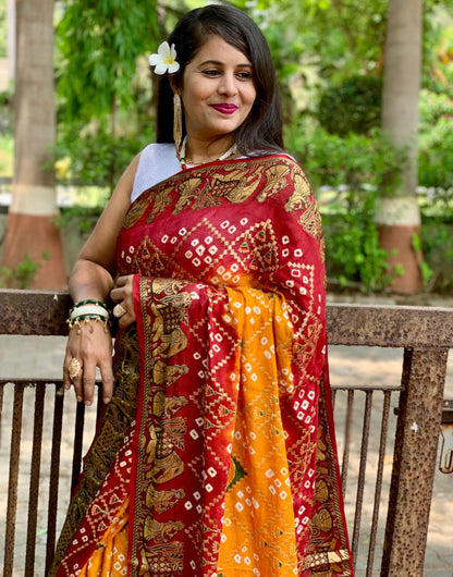 Maroon & Marigold Orange Hand Bandhej Bandhani Saree With Weaving Border