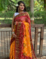 Maroon & Marigold Orange Hand Bandhej Bandhani Saree With Weaving Border