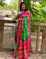 Rani Pink & Green Hand Bandhej Bandhani Saree With Weaving Border