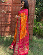 Pink & Orange Hand Bandhej Bandhani Saree With Weaving Border