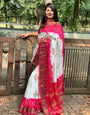 Pink & White Hand Bandhej Bandhani Saree With Weaving Border