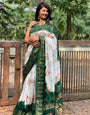 Dark Green & White Hand Bandhej Bandhani Saree With Weaving Border