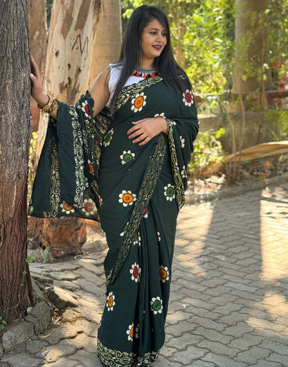 Dark Green Rayon With Block Printed Saree