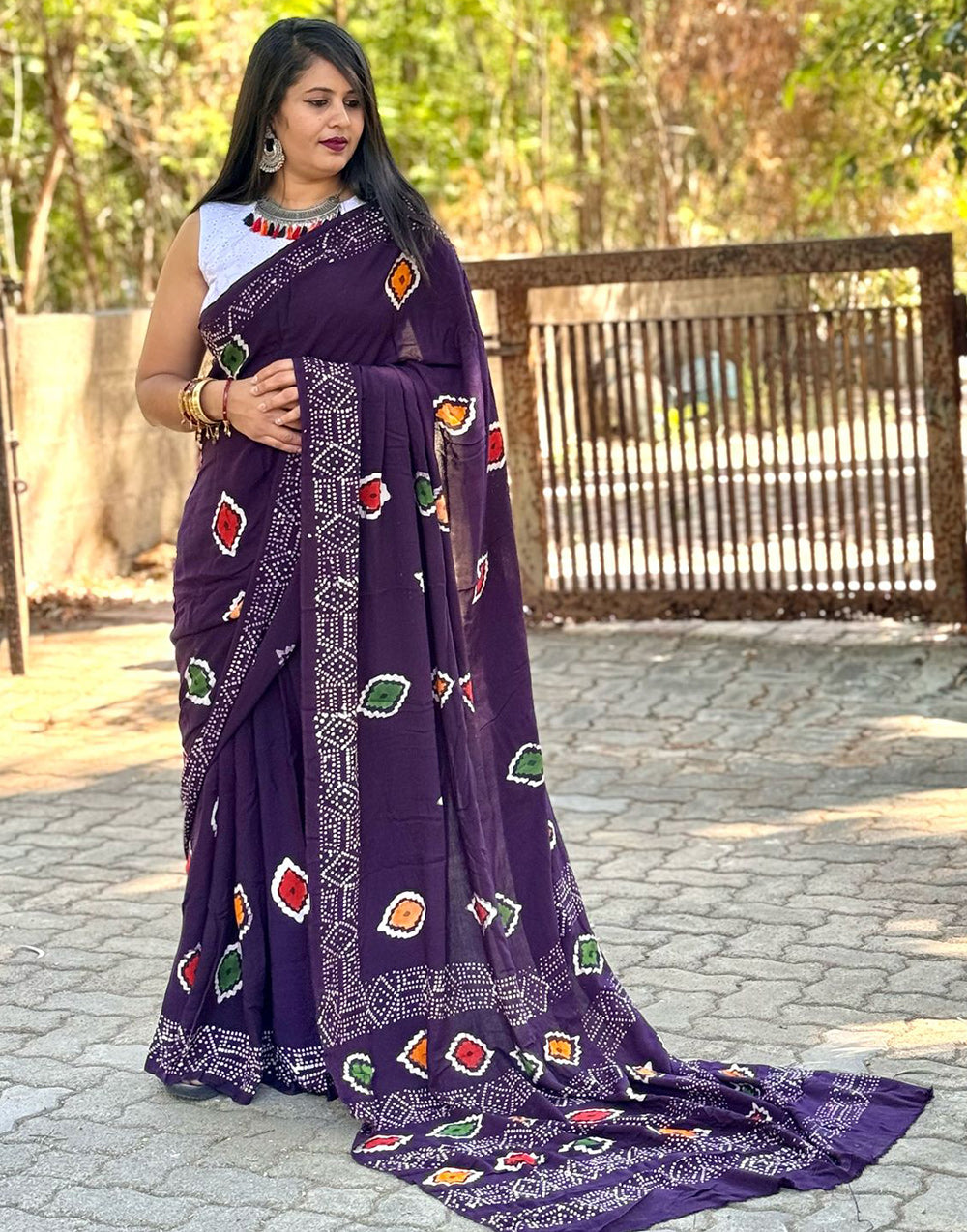 Eggplant Purple Rayon With Block Printed Saree