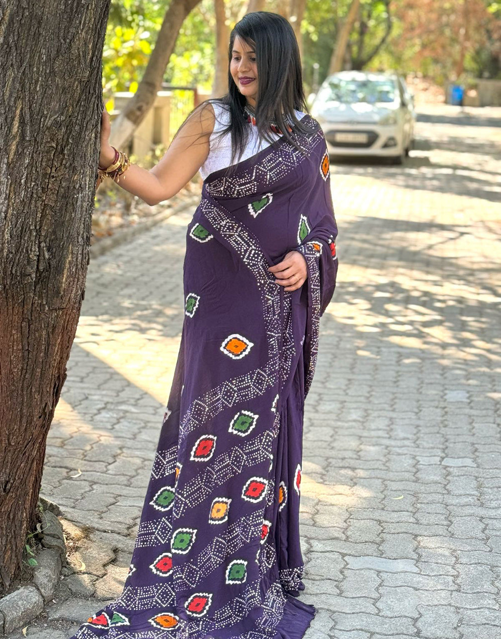 Eggplant Purple Rayon With Block Printed Saree