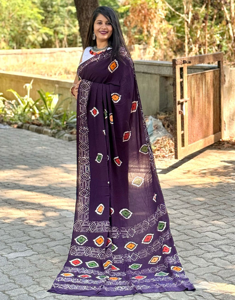 Eggplant Purple Rayon With Block Printed Saree