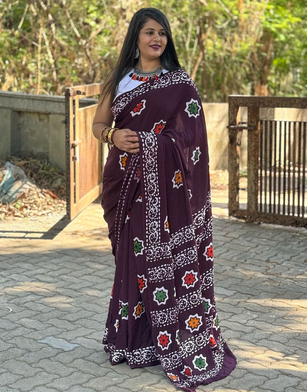 Dark Wine Rayon With Block Printed Saree