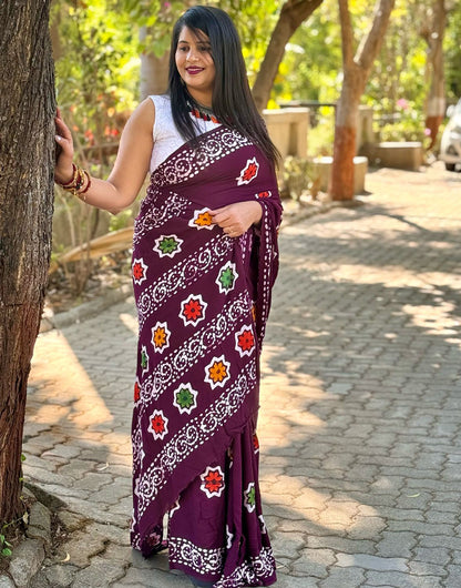 Dark Wine Rayon With Block Printed Saree