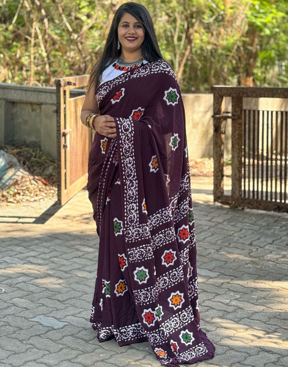 Dark Wine Rayon With Block Printed Saree