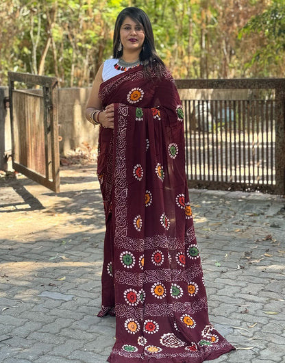 Dark Maroon Rayon With Block Printed Saree