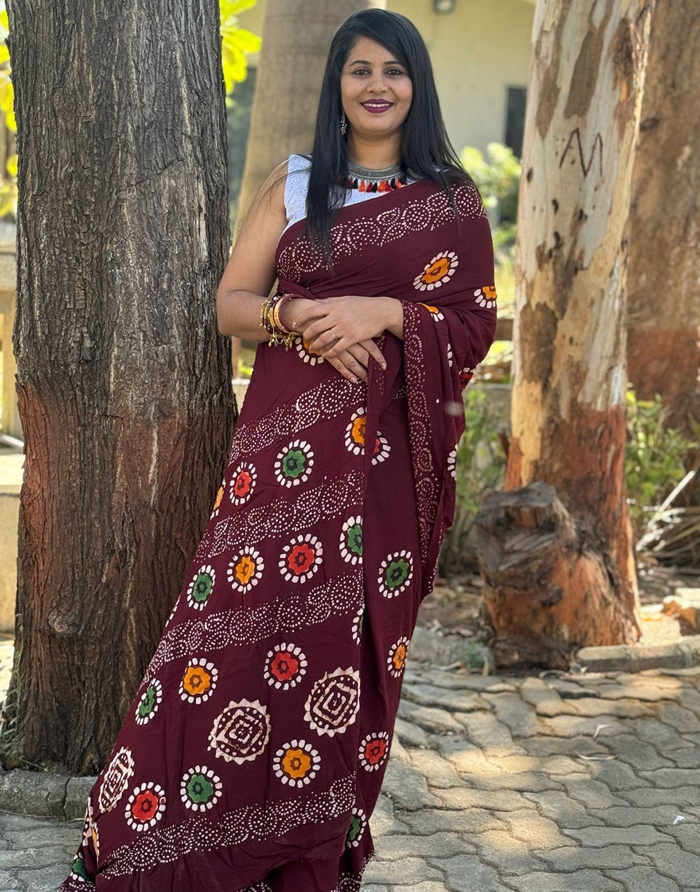 Dark Maroon Rayon With Block Printed Saree