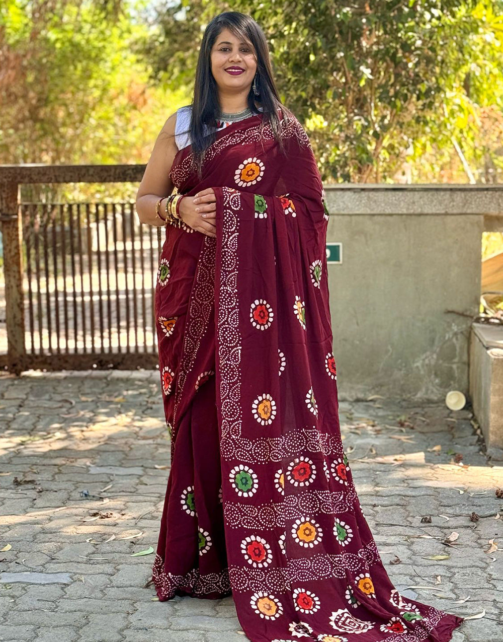 Dark Maroon Rayon With Block Printed Saree