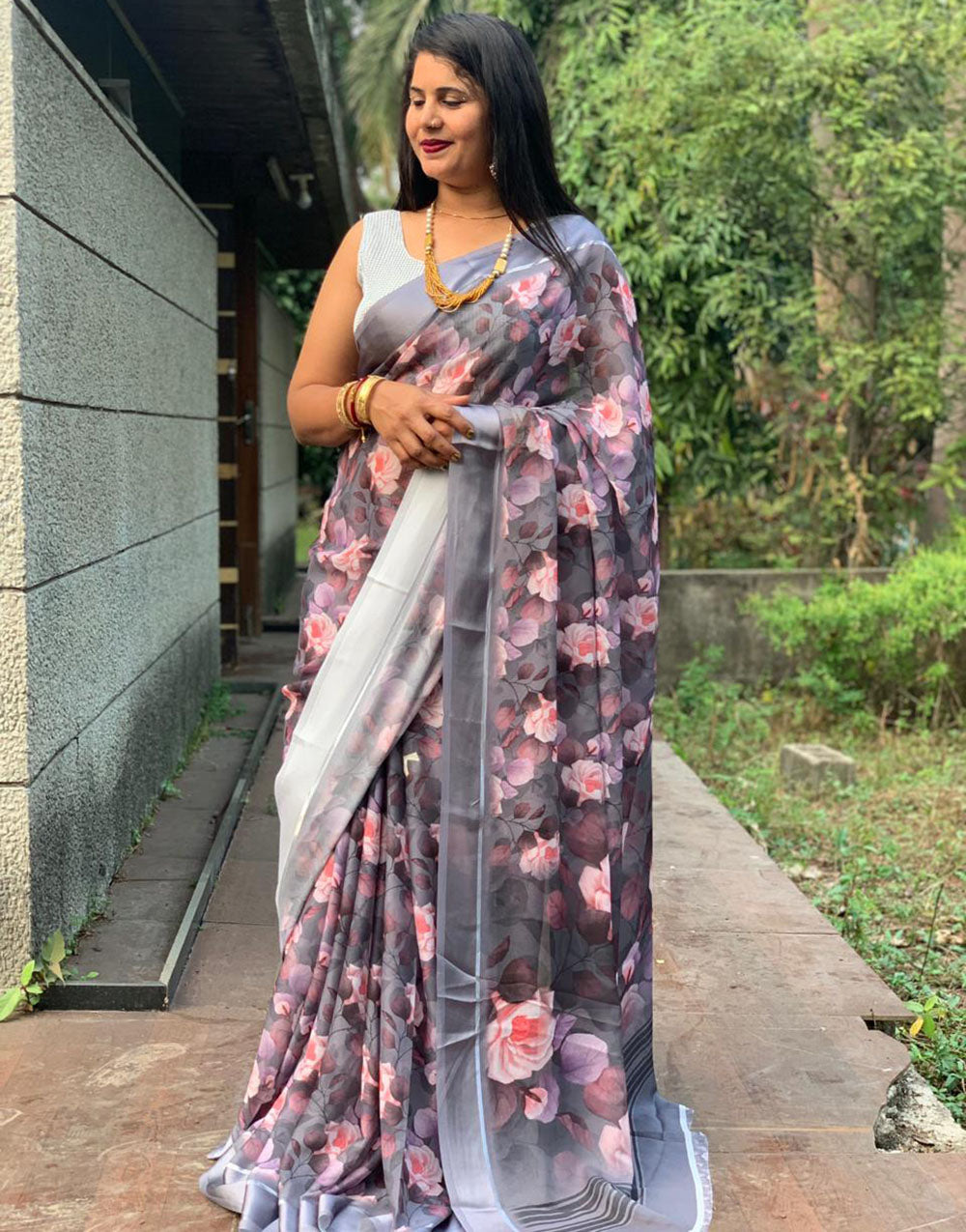Grey Silk Saree With Printed & Satin Patta