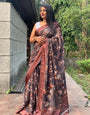 Brown Silk Saree With Printed & Satin Patta