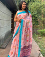 Baby Pink Silk Saree With Printed & Satin Patta