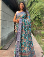 Ocean Blue Silk Saree With Printed & Satin Patta