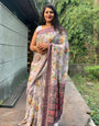 Beige Silk Saree With Printed & Satin Patta