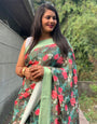 Viridian Green Silk Saree With Printed & Satin Patta