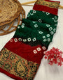 Red & Green Hand Bandhej Bandhani Saree With Weaving Work