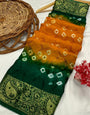 Green & Dark Yellow Hand Bandhej Bandhani Saree With Weaving Work