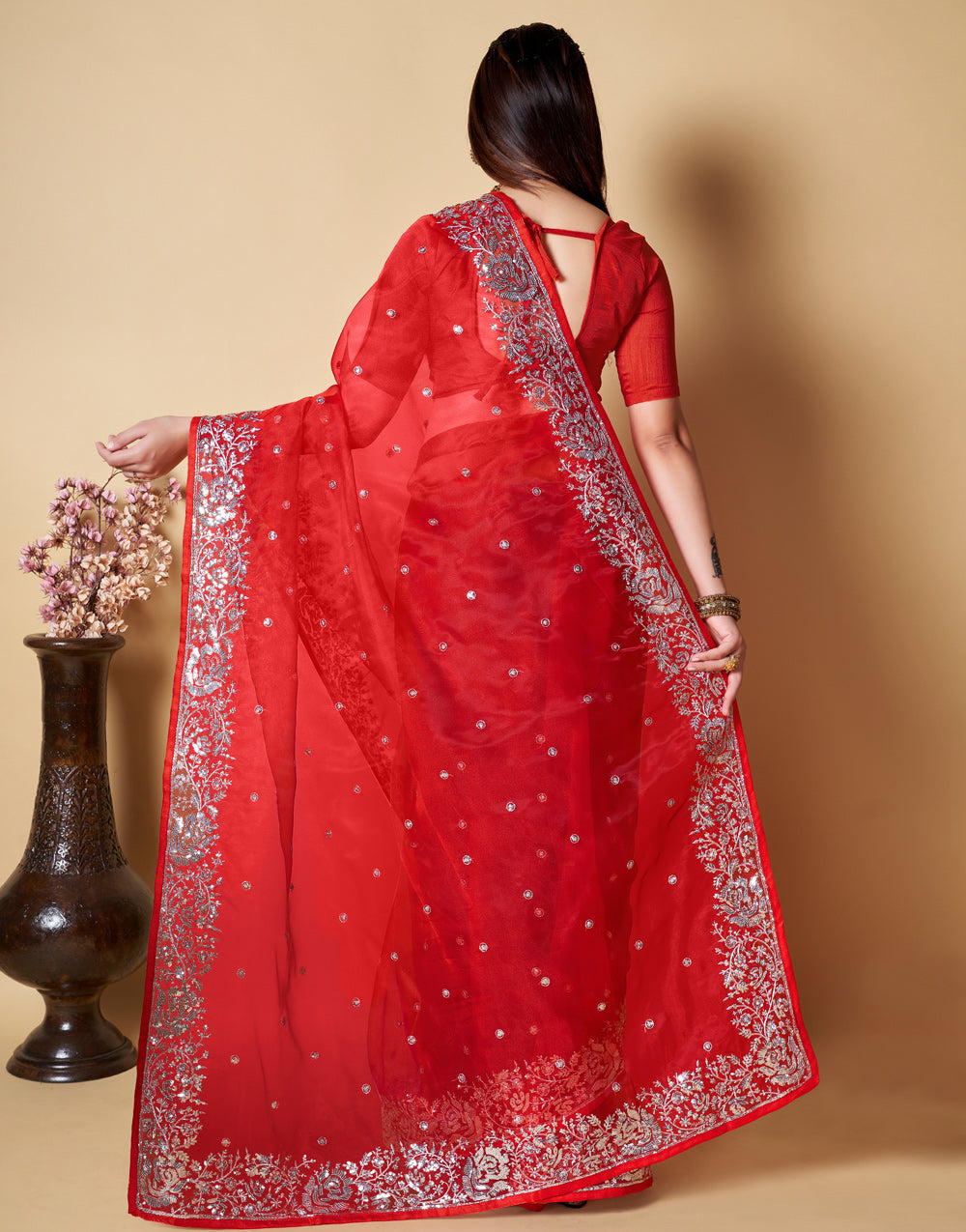 Red Organza Saree With Sequence & Piping Border