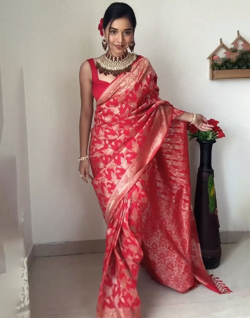 Red Banarasi Silk Ready To Wear Saree