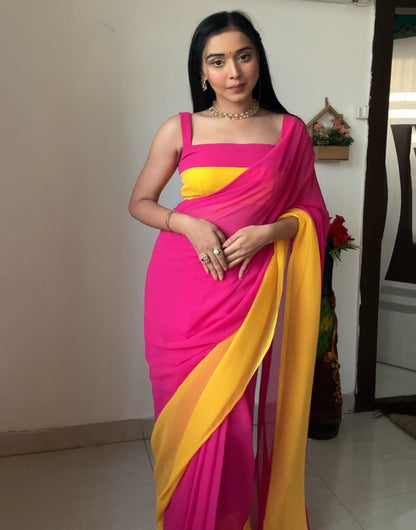 Pink & Yellow Georgette Ready To Wear Saree