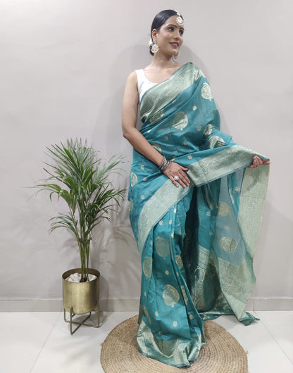 Sea Blue Cotton Silk Ready To Wear Saree