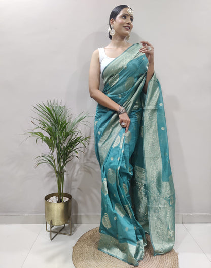 Sea Blue Cotton Silk Ready To Wear Saree