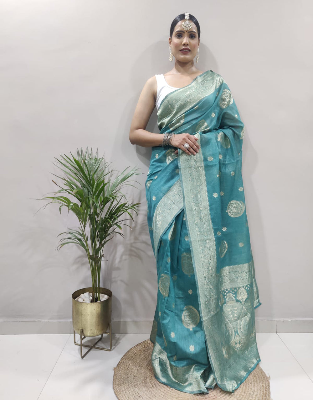 Sea Blue Cotton Silk Ready To Wear Saree