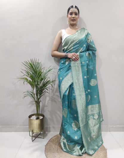 Sea Blue Cotton Silk Ready To Wear Saree