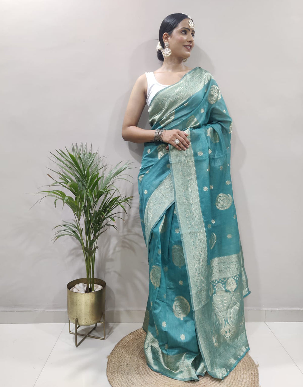 Sea Blue Cotton Silk Ready To Wear Saree