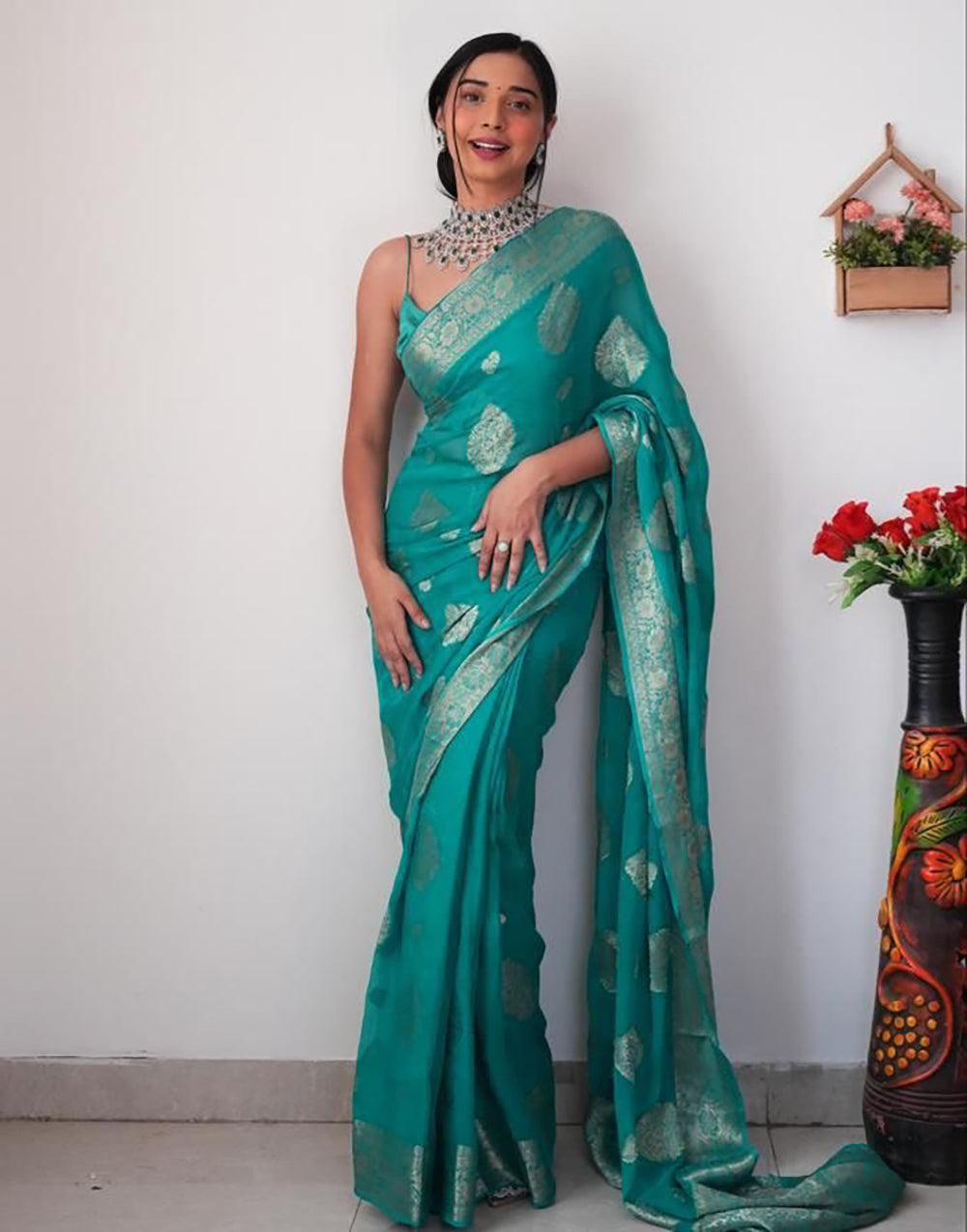 Sea-Green Cotton Silk Ready To Wear Saree