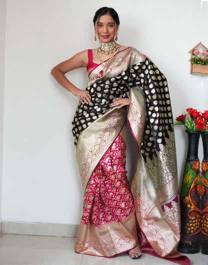 Black & Pink Banarasi Silk Ready To Wear Saree