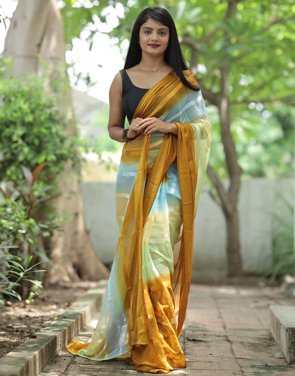 Mustard Multi Georgette Ready To Wear Saree