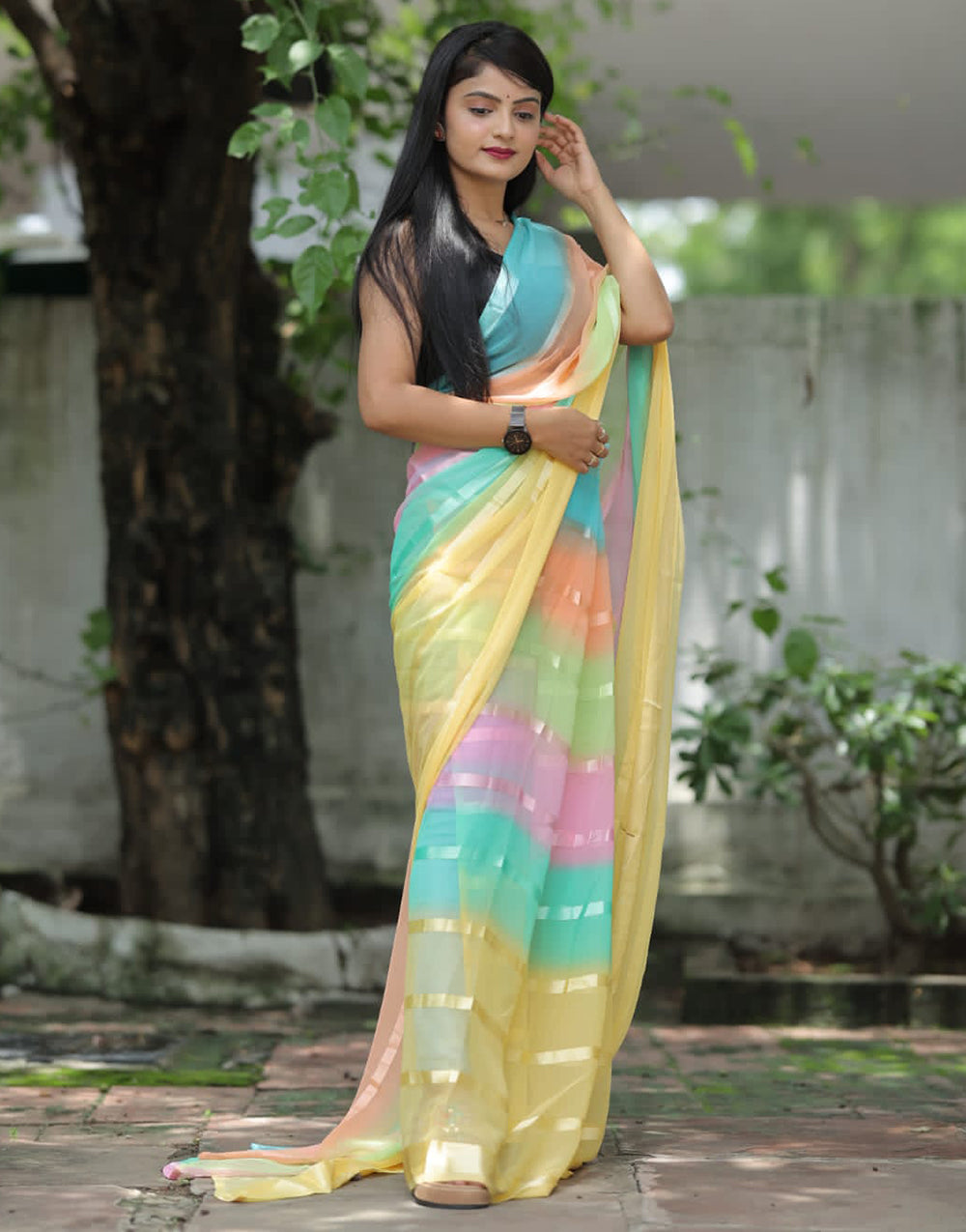 Yellow Georgette Ready To Wear Saree With printed Work