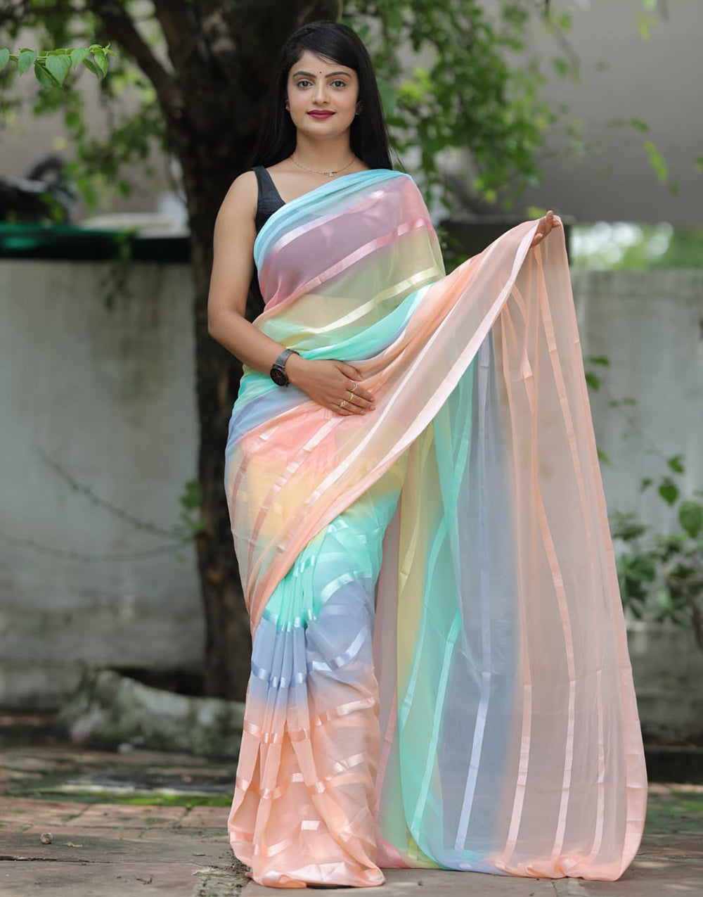 Peach Multi Georgette Ready To Wear Saree