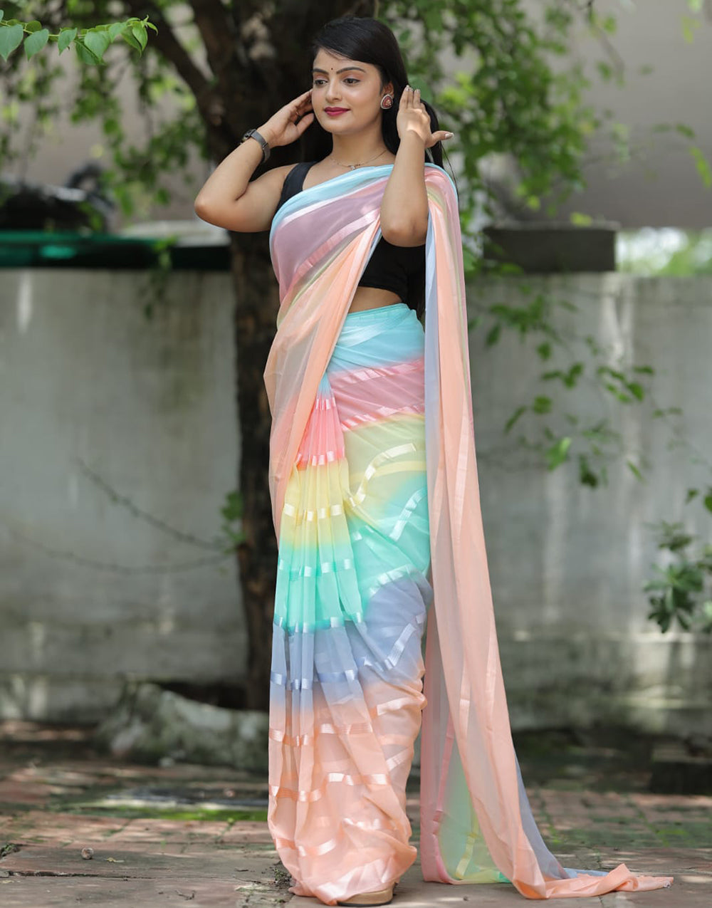 Peach Multi Georgette Ready To Wear Saree