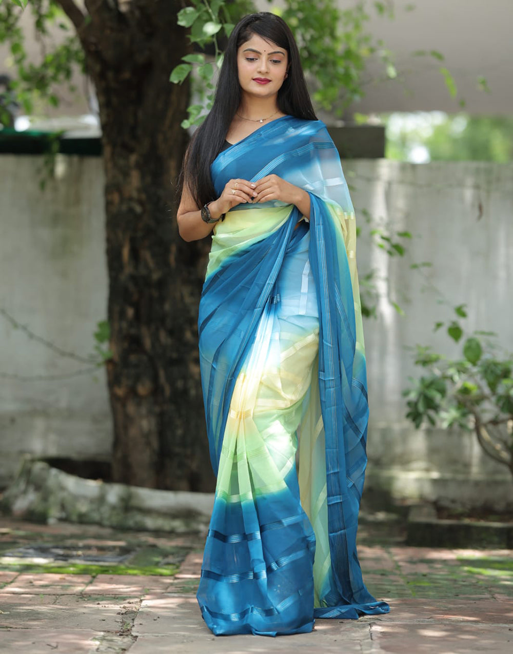 Blue Multi Georgette Ready To Wear Saree