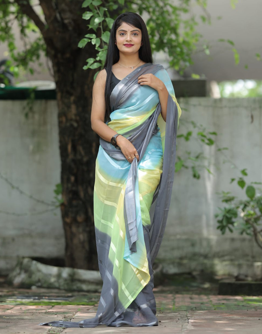 Grey Multi Georgette Ready To Wear Saree