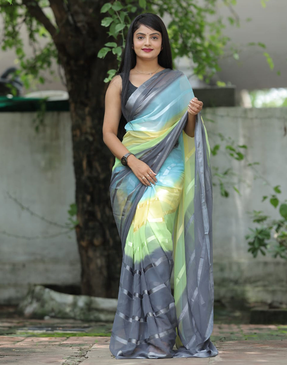 Grey Multi Georgette Ready To Wear Saree