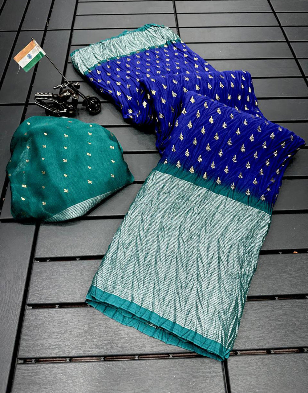 Dark Blue & Rama Blue Chiffon Crush Saree With Zari Weaving Work