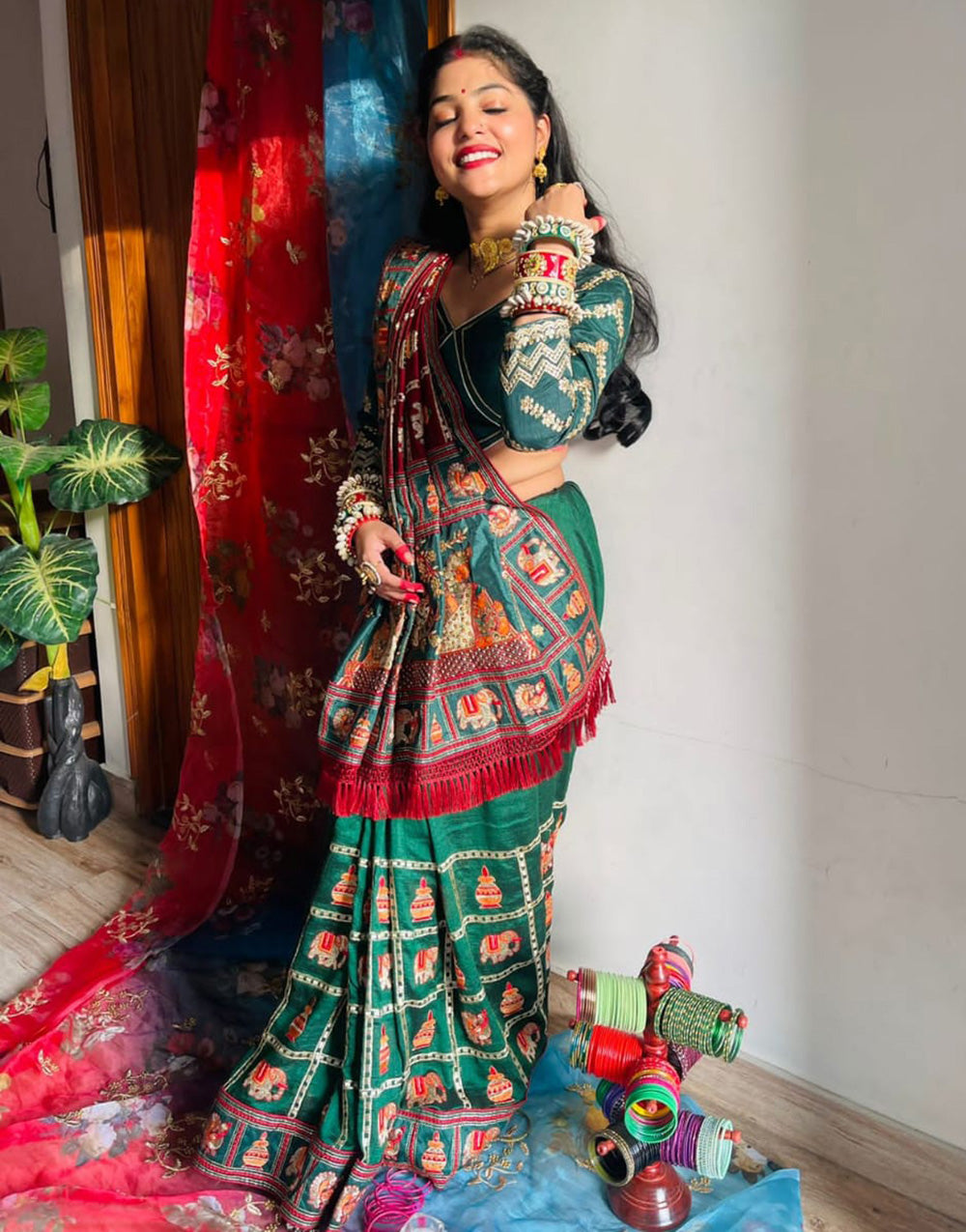 Green & Maroon Silk Saree With Embroidery Diamond Work Embroidery Lace Latkan