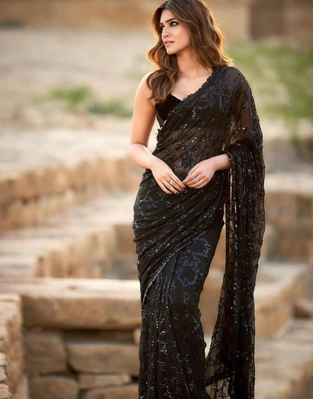Black Georgette Embroidery Sequence Saree